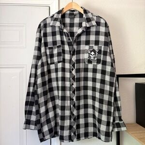 KREEPSVILLE men's black white plaid check long sleeve skeleton button up shirt